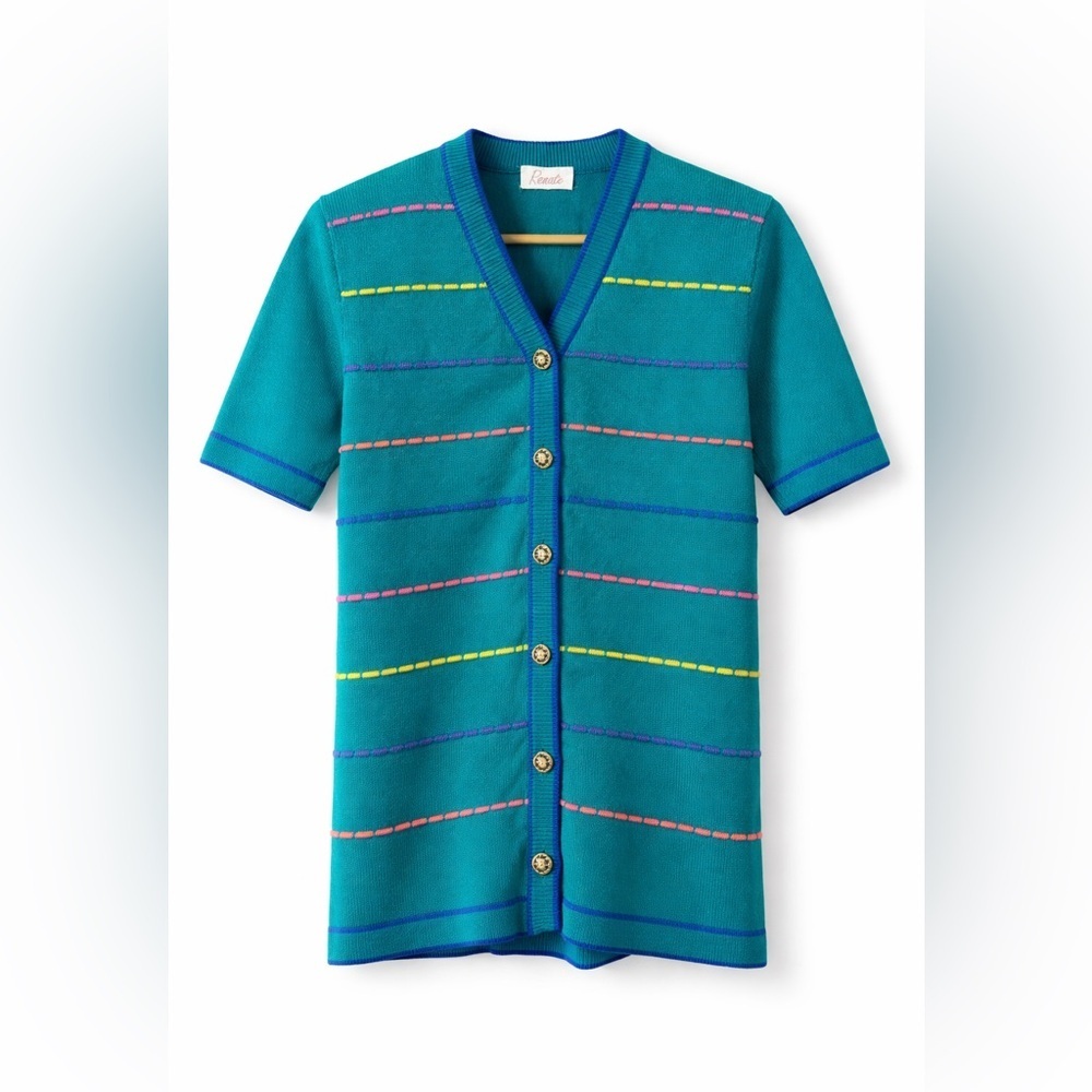 Vintage Renate Teal Short Sleeve Cardigan – Size 8 – Gold Button - Picture 2 of 9